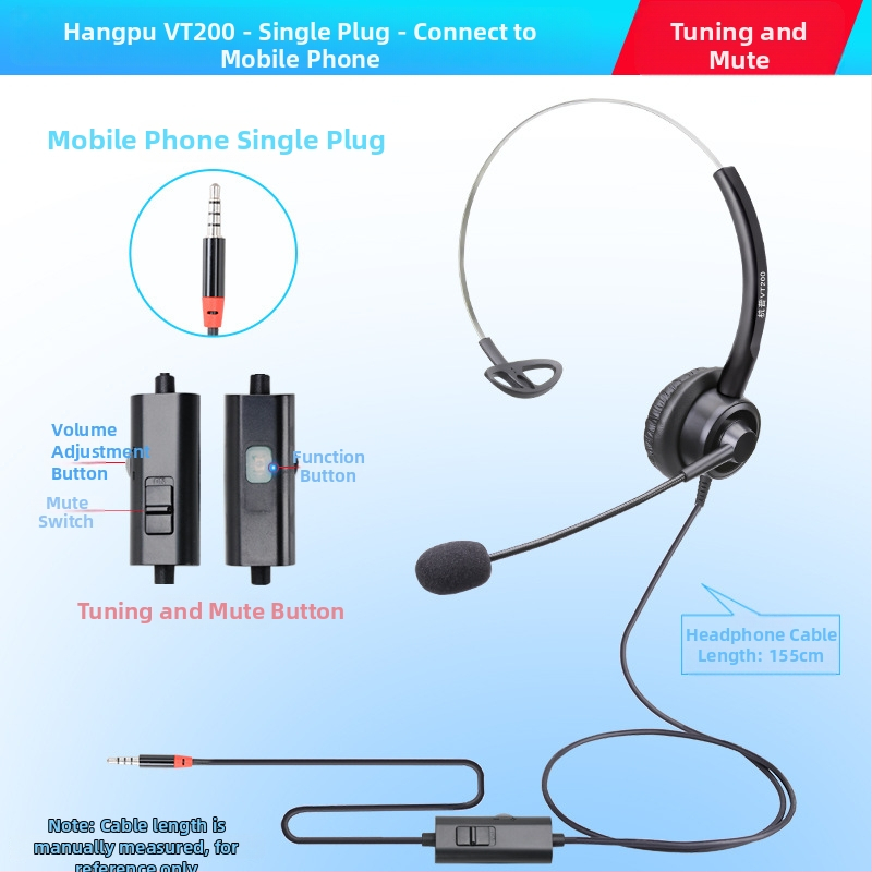 VT200 ενσύρματα ακουστικά τηλεφώνου με βύσμα 3,5 mm, καλώδιο 2 m, 28 mm διάμετρος ηχείου, ενσωματωμένος μικρόφωνος