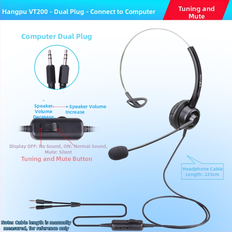 VT200 ενσύρματα ακουστικά τηλεφώνου με βύσμα 3,5 mm, καλώδιο 2 m, 28 mm διάμετρος ηχείου, ενσωματωμένος μικρόφωνος
