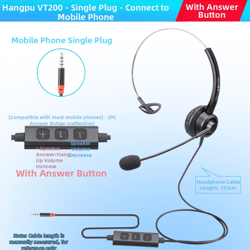 VT200 ενσύρματα ακουστικά τηλεφώνου με βύσμα 3,5 mm, καλώδιο 2 m, 28 mm διάμετρος ηχείου, ενσωματωμένος μικρόφωνος