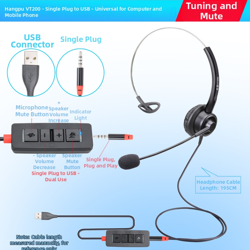 VT200 ενσύρματα ακουστικά τηλεφώνου με βύσμα 3,5 mm, καλώδιο 2 m, 28 mm διάμετρος ηχείου, ενσωματωμένος μικρόφωνος
