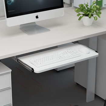 Клавиатурна поставка за бюро 022 – хардуерен корпус и дървена плоча, двусекционен плъзгащ механизъм, модерен минималистичен офис аксесоар