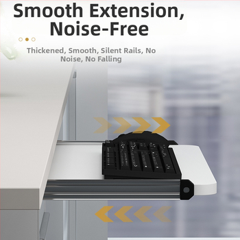 Клавиатурна поставка за бюро 022 – хардуерен корпус и дървена плоча, двусекционен плъзгащ механизъм, модерен минималистичен офис аксесоар