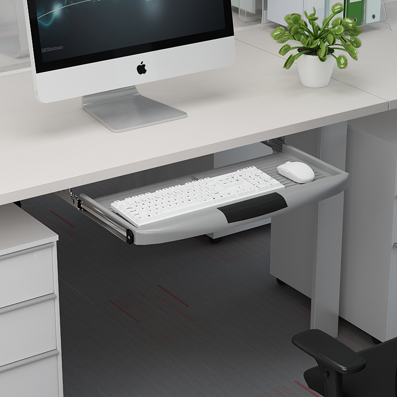 Клавиатурна поставка за бюро 022 – хардуерен корпус и дървена плоча, двусекционен плъзгащ механизъм, модерен минималистичен офис аксесоар