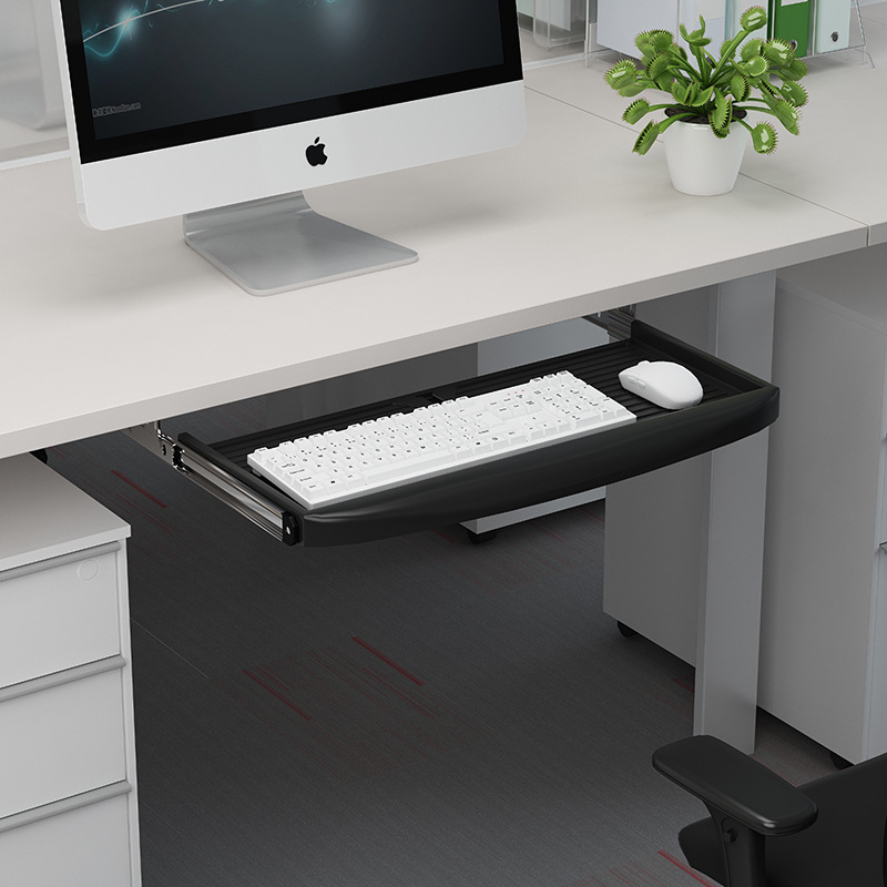 Клавиатурна поставка за бюро 022 – хардуерен корпус и дървена плоча, двусекционен плъзгащ механизъм, модерен минималистичен офис аксесоар
