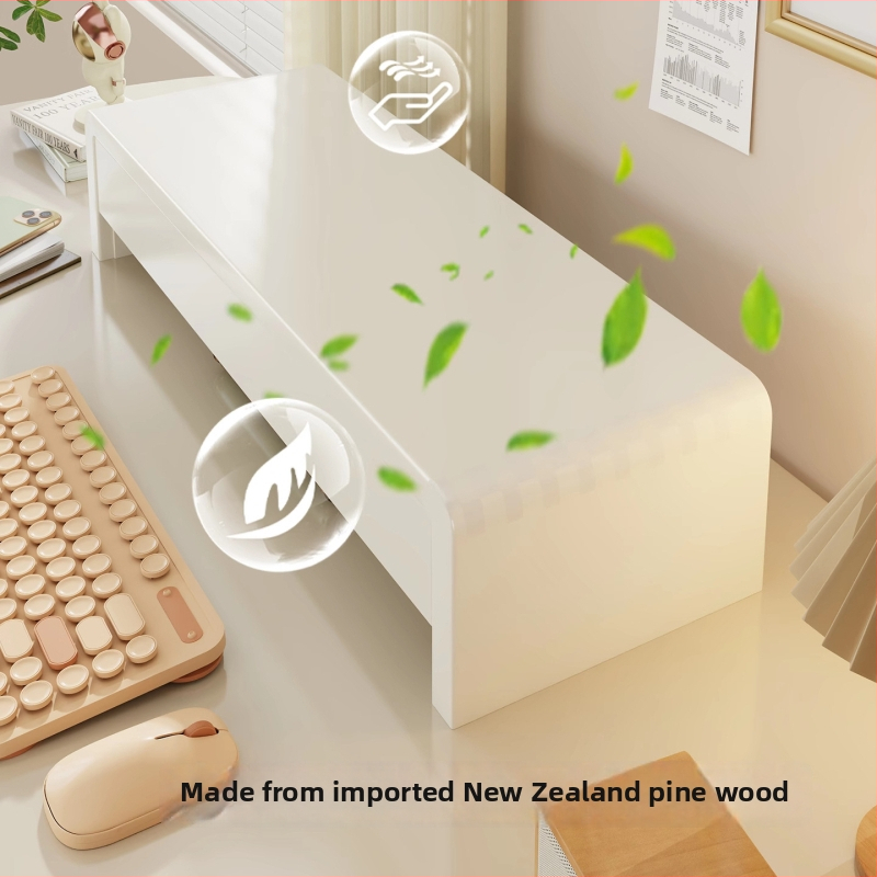 Monitorová vyvýšená pracovná stanica s zásuvkou, držiakom notebooku, zvýšeným stojanom na klávesnicu a chladiacim úložiskom — borovicové drevo, stolný štýl