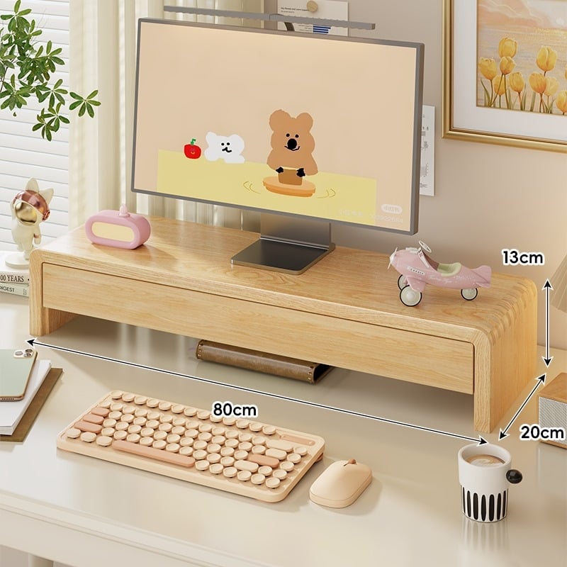 Мониторно повдигнато работно място с чекмедже, държач за лаптоп, повдигнат под за клавиатурата и ракла за съхранение с охлаждане — борово дърво, десктоп стил