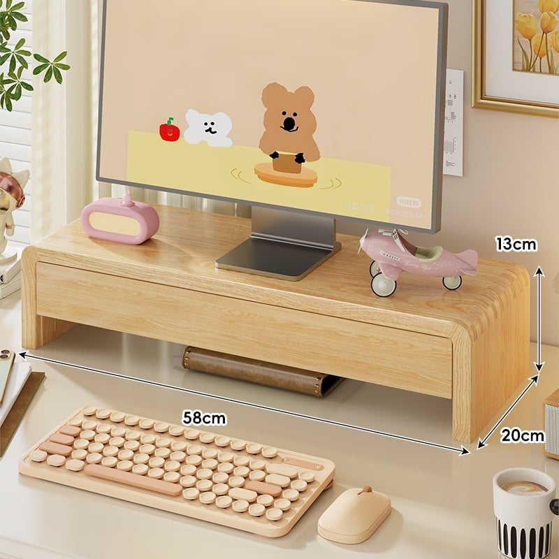 Мониторно повдигнато работно място с чекмедже, държач за лаптоп, повдигнат под за клавиатурата и ракла за съхранение с охлаждане — борово дърво, десктоп стил