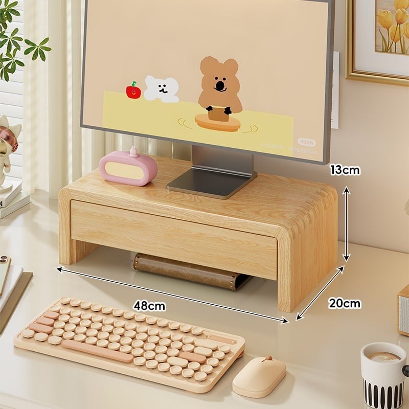 Мониторно повдигнато работно място с чекмедже, държач за лаптоп, повдигнат под за клавиатурата и ракла за съхранение с охлаждане — борово дърво, десктоп стил