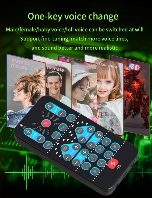 Card de sunet USB cu modificare de voce pentru streaming live pe mobil și PC — Model i9, baterie încorporată 500–800mAh, Bluetooth 4.0, 100Hz–20kHz, SNR ≥60dB