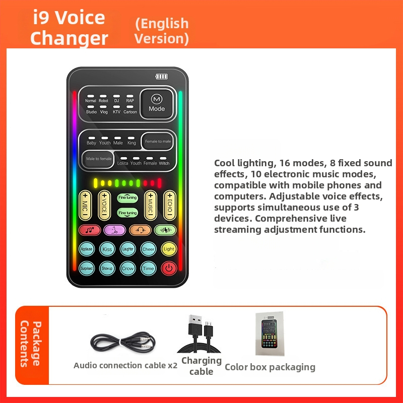 Card de sunet USB cu modificare de voce pentru streaming live pe mobil și PC — Model i9, baterie încorporată 500–800mAh, Bluetooth 4.0, 100Hz–20kHz, SNR ≥60dB