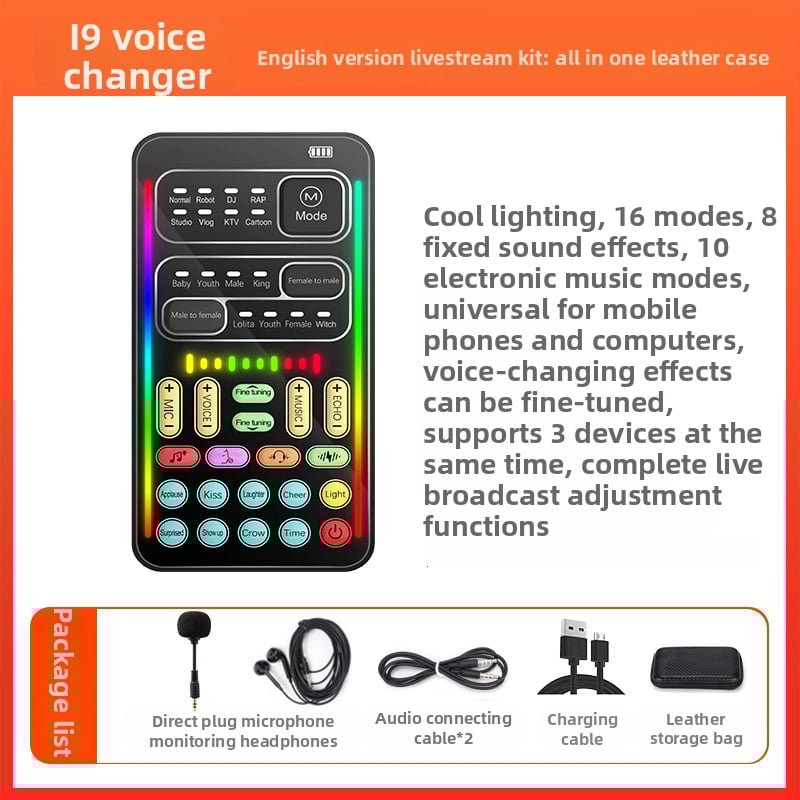 Card de sunet USB cu modificare de voce pentru streaming live pe mobil și PC — Model i9, baterie încorporată 500–800mAh, Bluetooth 4.0, 100Hz–20kHz, SNR ≥60dB