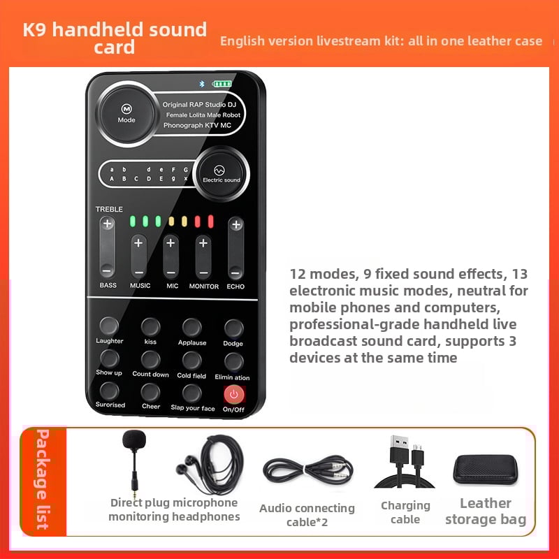 Card de sunet USB cu modificare de voce pentru streaming live pe mobil și PC — Model i9, baterie încorporată 500–800mAh, Bluetooth 4.0, 100Hz–20kHz, SNR ≥60dB