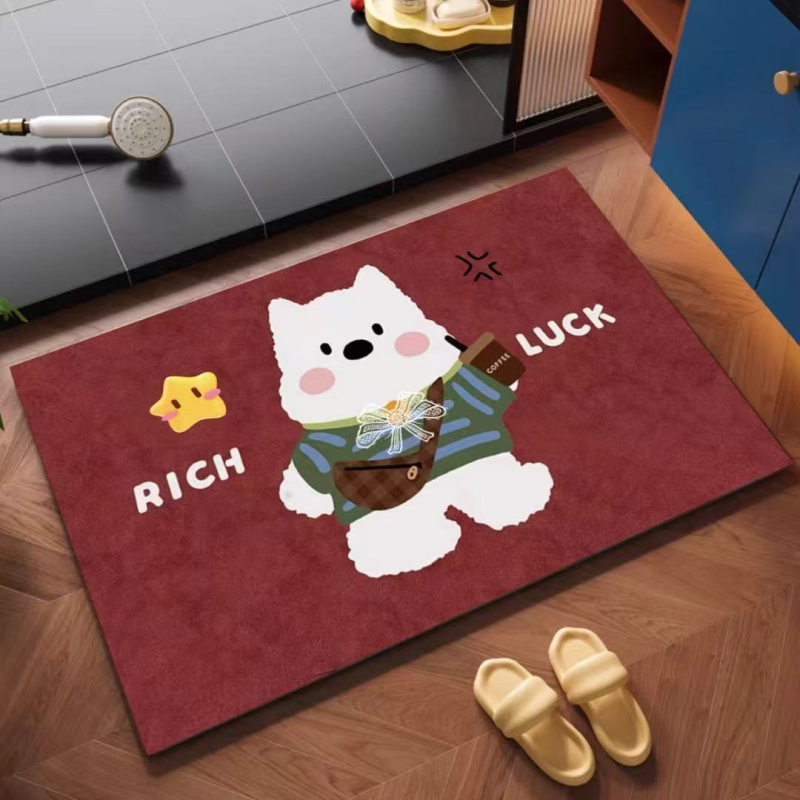 Covor de baie cu design de desene animate, Diatom Mud, formă pătrată, model cu animale drăguțe, absorbant de apă, uscare rapidă