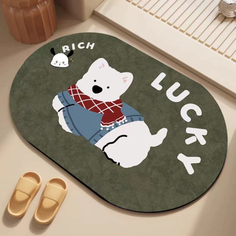 Covor de baie cu design de desene animate, Diatom Mud, formă pătrată, model cu animale drăguțe, absorbant de apă, uscare rapidă