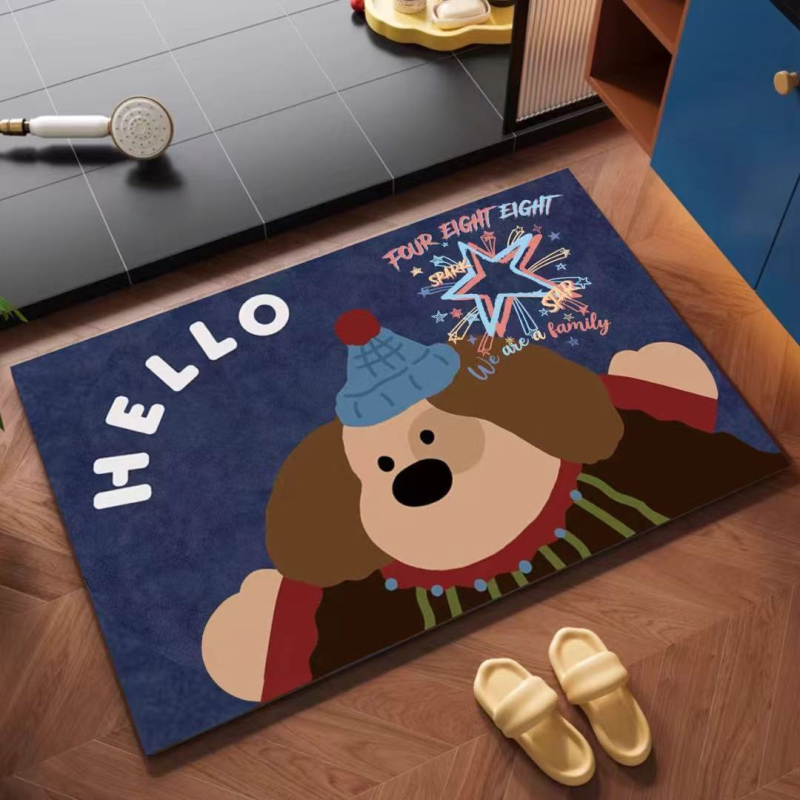 Covor de baie cu design de desene animate, Diatom Mud, formă pătrată, model cu animale drăguțe, absorbant de apă, uscare rapidă