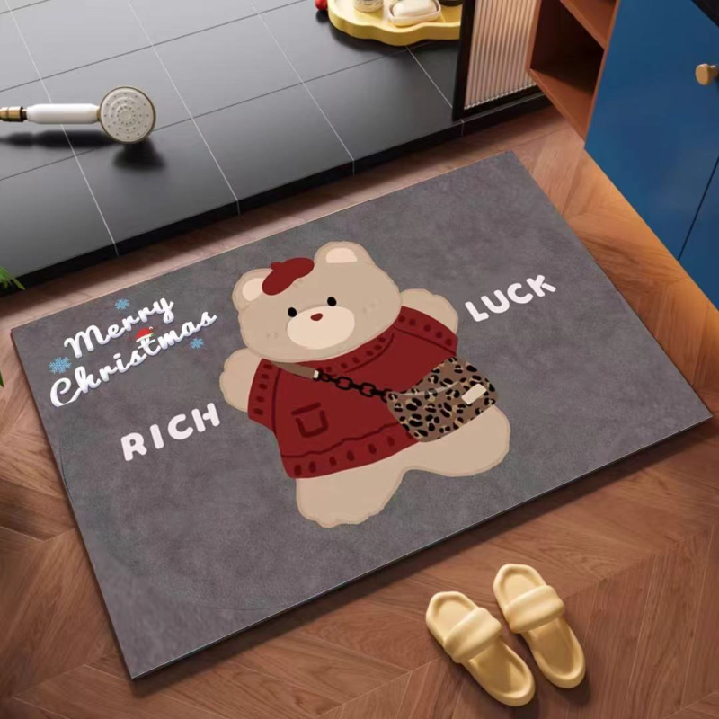 Covor de baie cu design de desene animate, Diatom Mud, formă pătrată, model cu animale drăguțe, absorbant de apă, uscare rapidă