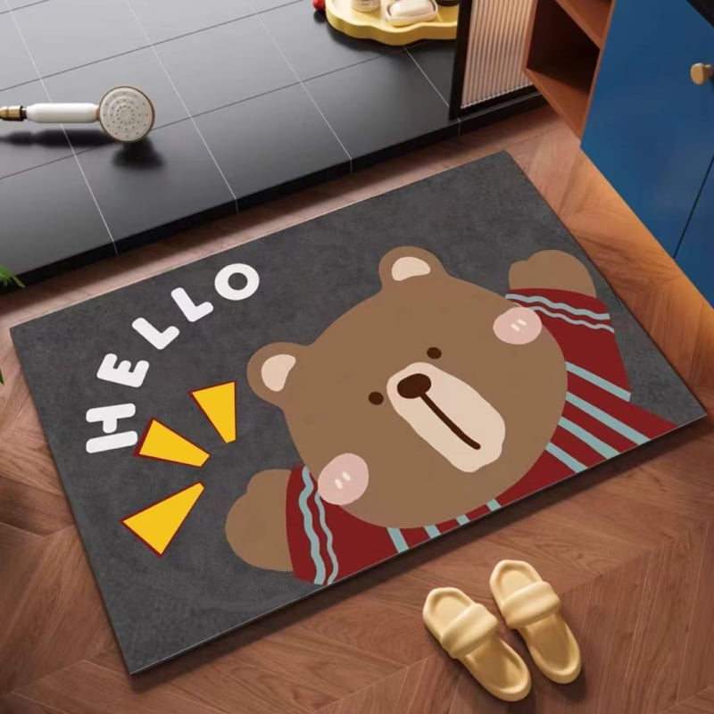 Covor de baie cu design de desene animate, Diatom Mud, formă pătrată, model cu animale drăguțe, absorbant de apă, uscare rapidă