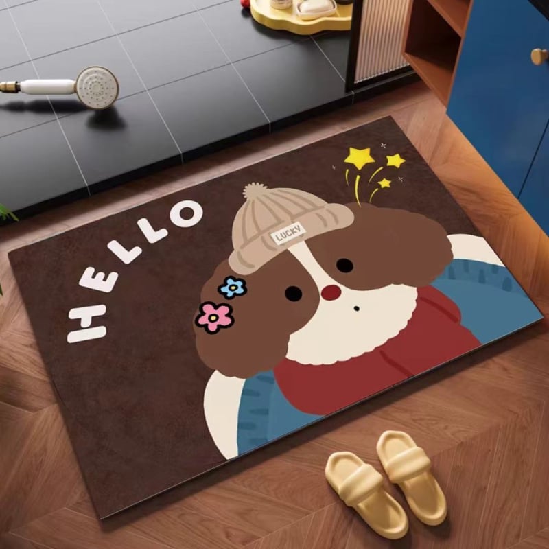 Covor de baie cu design de desene animate, Diatom Mud, formă pătrată, model cu animale drăguțe, absorbant de apă, uscare rapidă