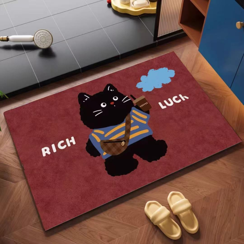 Covor de baie cu design de desene animate, Diatom Mud, formă pătrată, model cu animale drăguțe, absorbant de apă, uscare rapidă