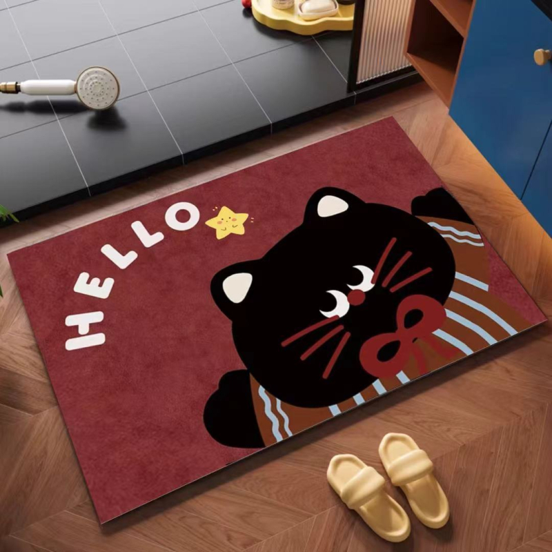 Covor de baie cu design de desene animate, Diatom Mud, formă pătrată, model cu animale drăguțe, absorbant de apă, uscare rapidă