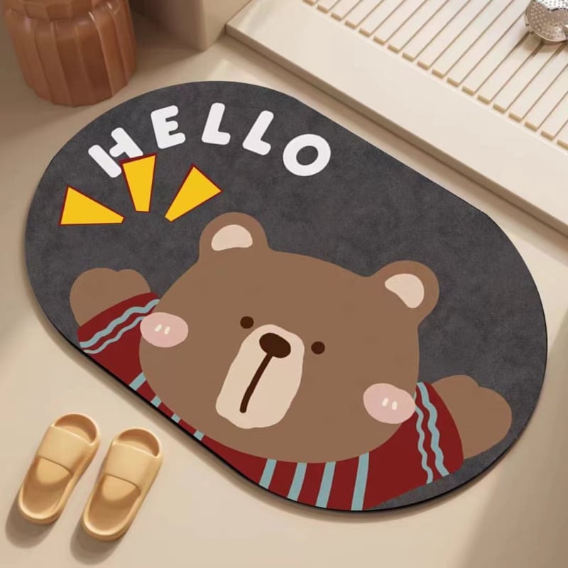 Covor de baie cu design de desene animate, Diatom Mud, formă pătrată, model cu animale drăguțe, absorbant de apă, uscare rapidă