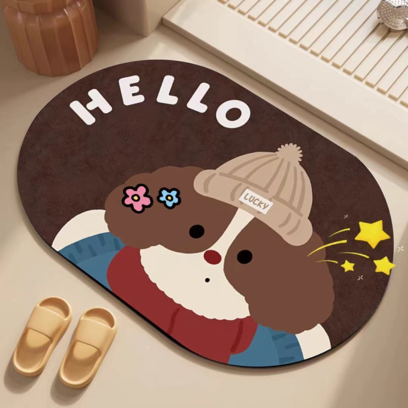 Covor de baie cu design de desene animate, Diatom Mud, formă pătrată, model cu animale drăguțe, absorbant de apă, uscare rapidă