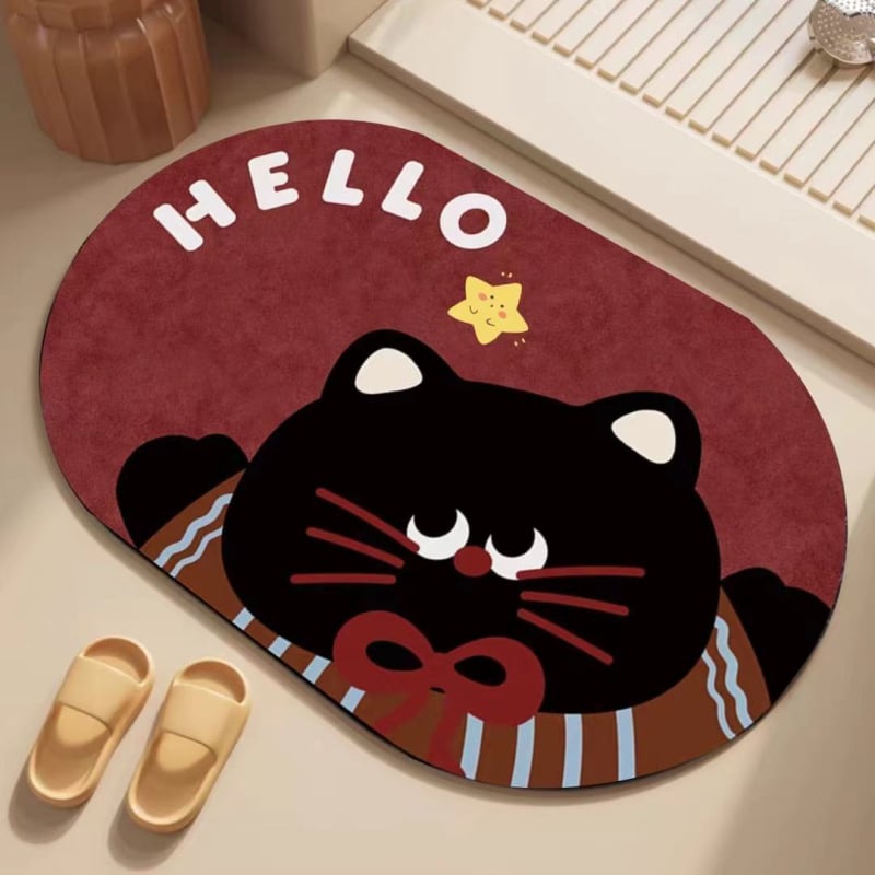 Covor de baie cu design de desene animate, Diatom Mud, formă pătrată, model cu animale drăguțe, absorbant de apă, uscare rapidă