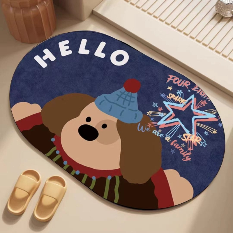 Covor de baie cu design de desene animate, Diatom Mud, formă pătrată, model cu animale drăguțe, absorbant de apă, uscare rapidă