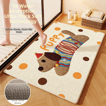 Covorș de baie țesut din in - absorbant, uscare rapidă, model cu animale drăguțe, fibre de poliester