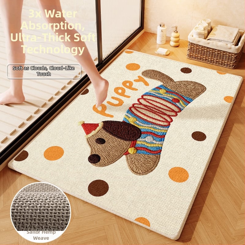 Covorș de baie țesut din in - absorbant, uscare rapidă, model cu animale drăguțe, fibre de poliester