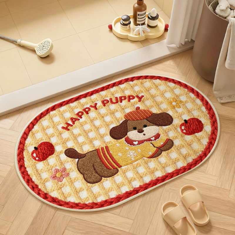 Covorș de baie țesut din in - absorbant, uscare rapidă, model cu animale drăguțe, fibre de poliester