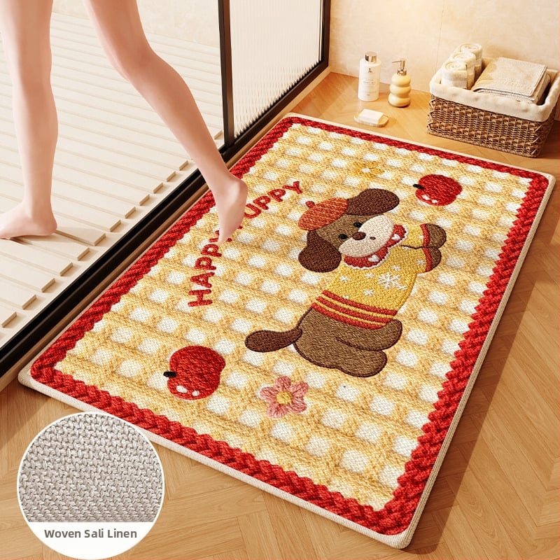 Covorș de baie țesut din in - absorbant, uscare rapidă, model cu animale drăguțe, fibre de poliester