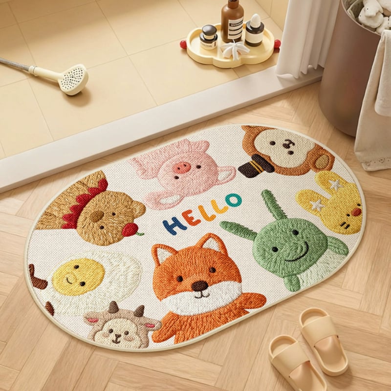 Covorș de baie țesut din in - absorbant, uscare rapidă, model cu animale drăguțe, fibre de poliester