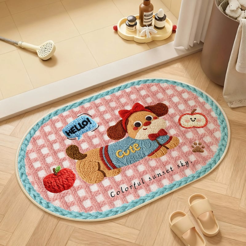Covorș de baie țesut din in - absorbant, uscare rapidă, model cu animale drăguțe, fibre de poliester