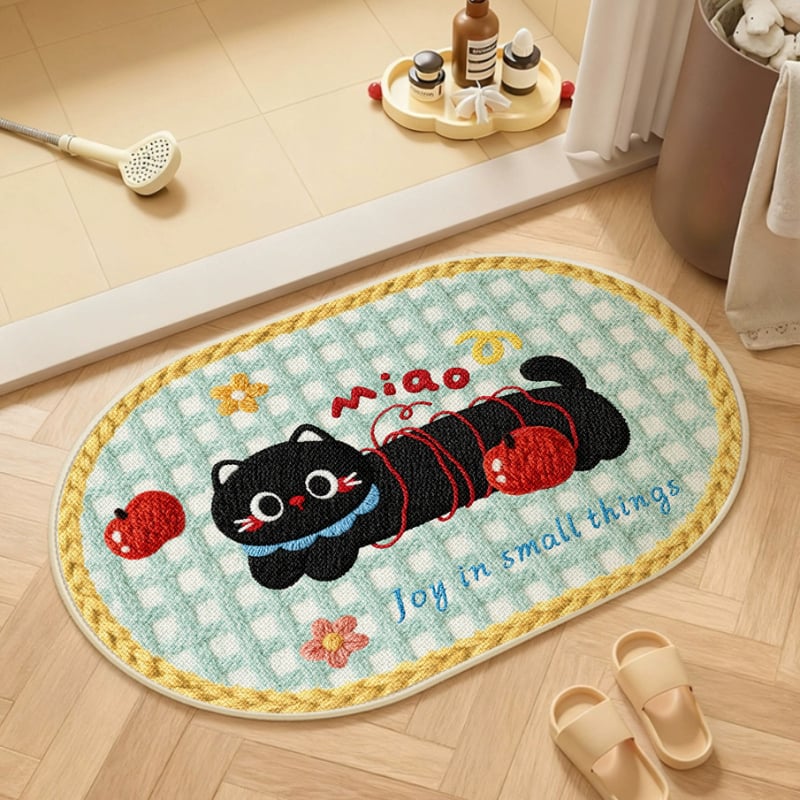Covorș de baie țesut din in - absorbant, uscare rapidă, model cu animale drăguțe, fibre de poliester