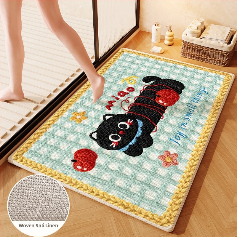 Covorș de baie țesut din in - absorbant, uscare rapidă, model cu animale drăguțe, fibre de poliester