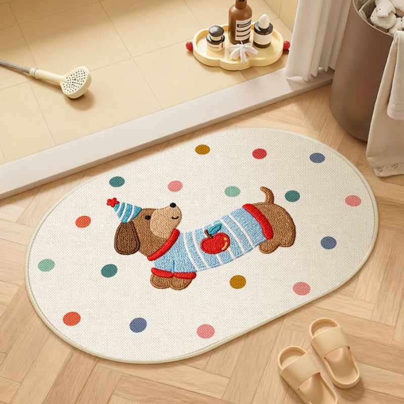 Covorș de baie țesut din in - absorbant, uscare rapidă, model cu animale drăguțe, fibre de poliester
