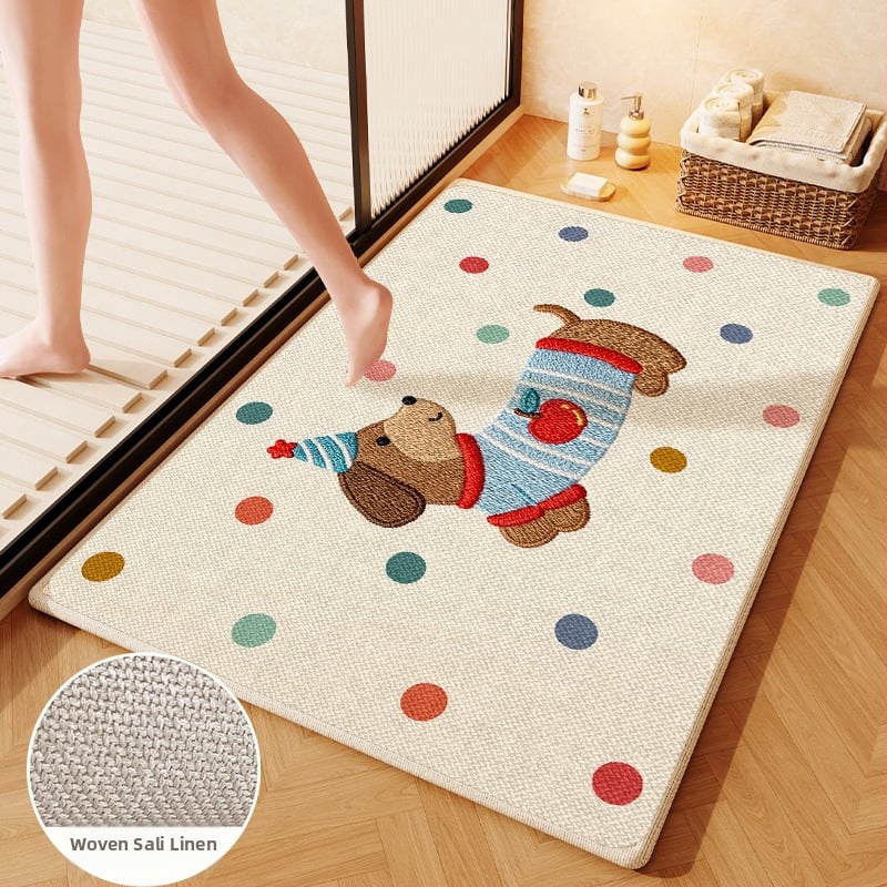 Covorș de baie țesut din in - absorbant, uscare rapidă, model cu animale drăguțe, fibre de poliester