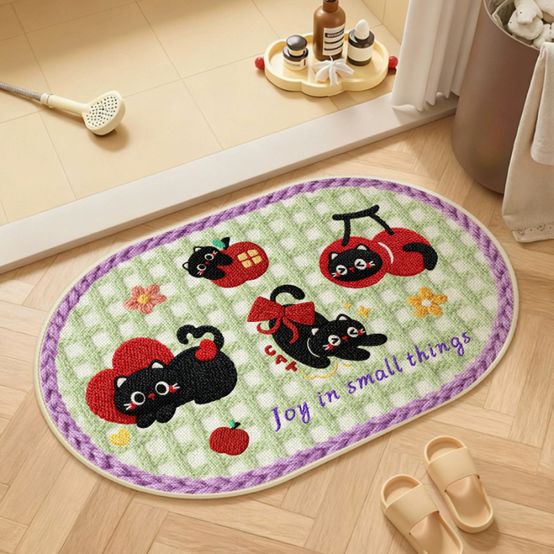 Covorș de baie țesut din in - absorbant, uscare rapidă, model cu animale drăguțe, fibre de poliester