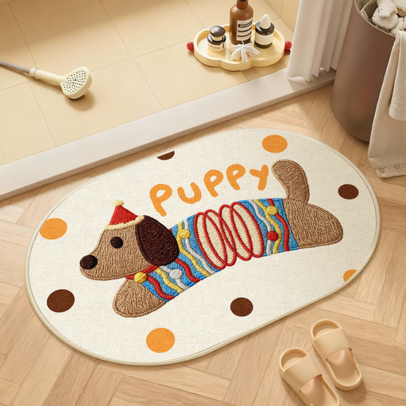 Covorș de baie țesut din in - absorbant, uscare rapidă, model cu animale drăguțe, fibre de poliester