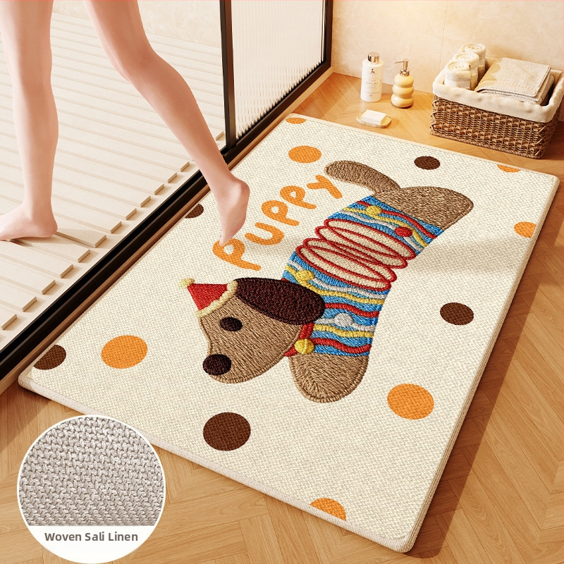 Covorș de baie țesut din in - absorbant, uscare rapidă, model cu animale drăguțe, fibre de poliester