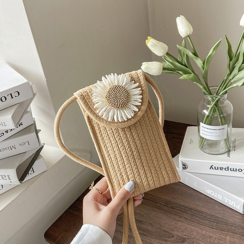 Geantă crossbody din bumbac, design floral, țesătură împletită, formă vertical pătrată, închidere cu capac, curea de umăr simplă