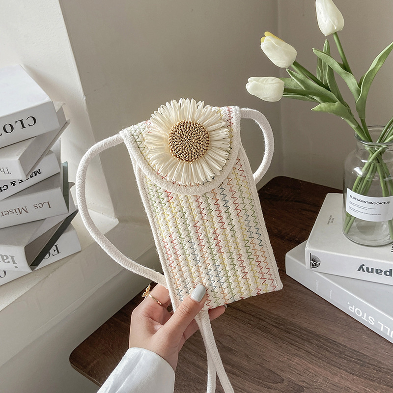 Geantă crossbody din bumbac, design floral, țesătură împletită, formă vertical pătrată, închidere cu capac, curea de umăr simplă