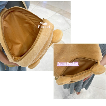 Pliušinė meškiuko dizaino vaikų kuprinė su kryžiniu telefono kišene, poliesterio pamušalas, 2024 m. vasara