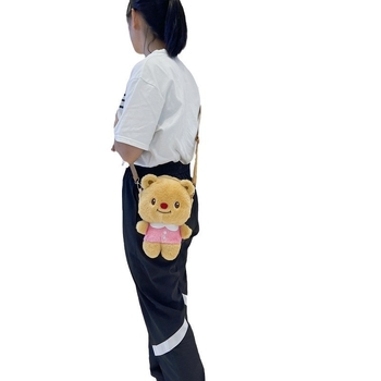 Pliušinė meškiuko dizaino vaikų kuprinė su kryžiniu telefono kišene, poliesterio pamušalas, 2024 m. vasara