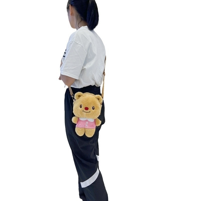 Pliušinė meškiuko dizaino vaikų kuprinė su kryžiniu telefono kišene, poliesterio pamušalas, 2024 m. vasara