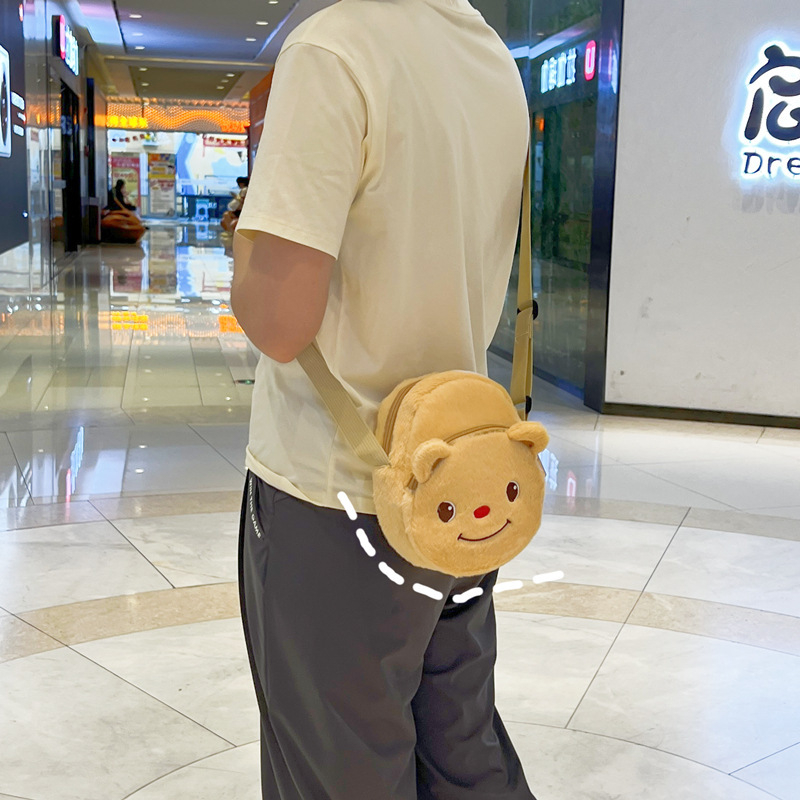 Pliušinė meškiuko dizaino vaikų kuprinė su kryžiniu telefono kišene, poliesterio pamušalas, 2024 m. vasara