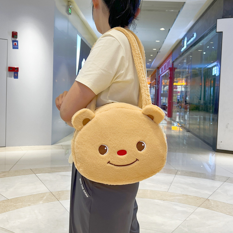 Pliušinė meškiuko dizaino vaikų kuprinė su kryžiniu telefono kišene, poliesterio pamušalas, 2024 m. vasara