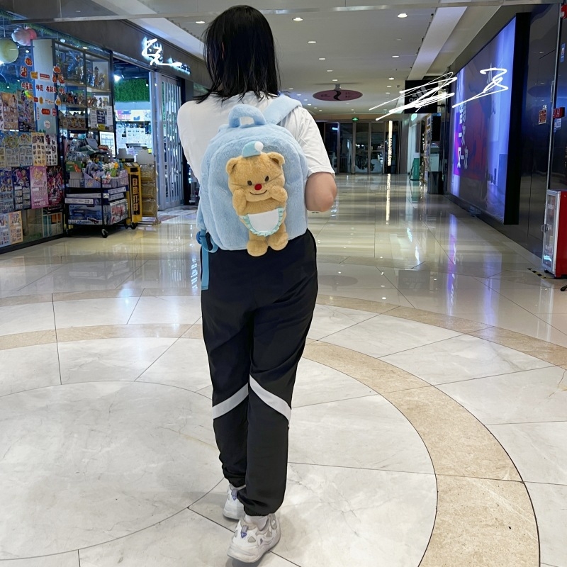 Pliušinė meškiuko dizaino vaikų kuprinė su kryžiniu telefono kišene, poliesterio pamušalas, 2024 m. vasara