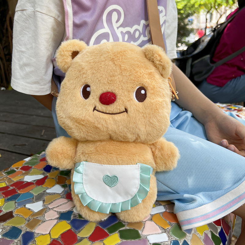 Pliušinė meškiuko dizaino vaikų kuprinė su kryžiniu telefono kišene, poliesterio pamušalas, 2024 m. vasara